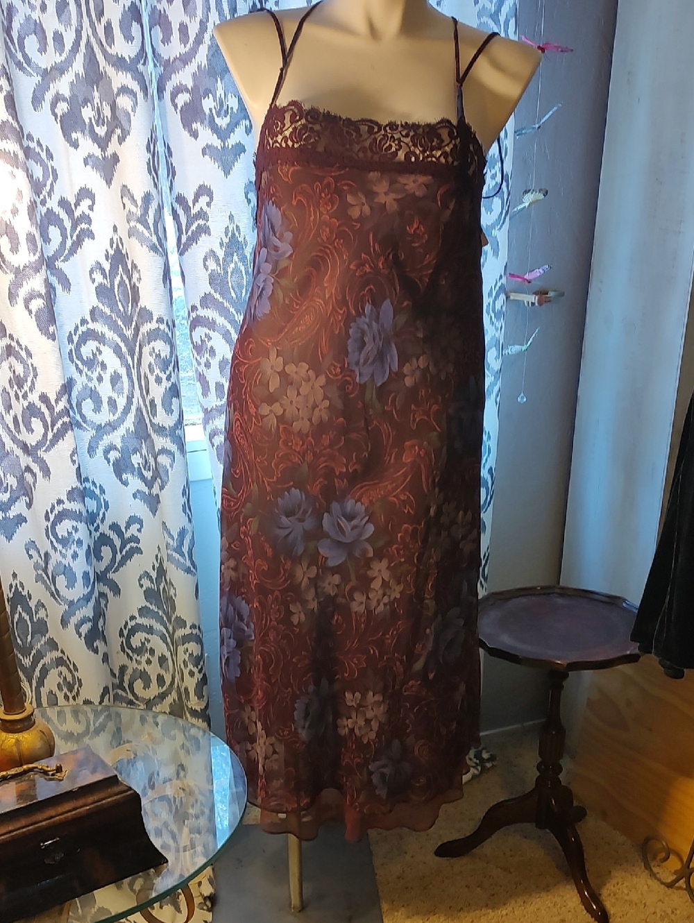 Floral Lace-Trim Burgundy Slip Dress